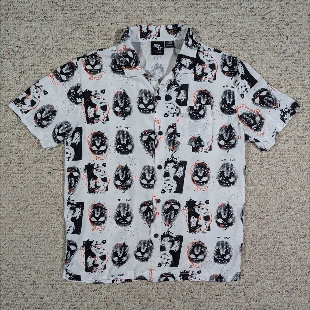 Friday The 13th Jason Button Up Camp Shirt Mens Med White Rayon Short Sleeve